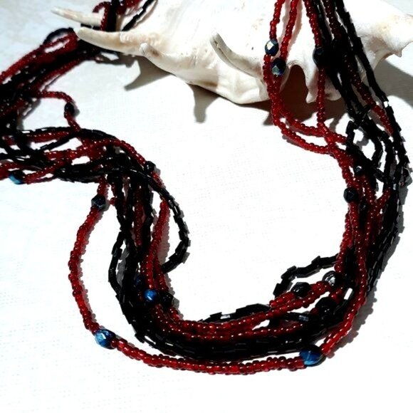 Black Red Seed Bead Necklace 8 Multi Strand Festival Classic - Picture 2 of 8